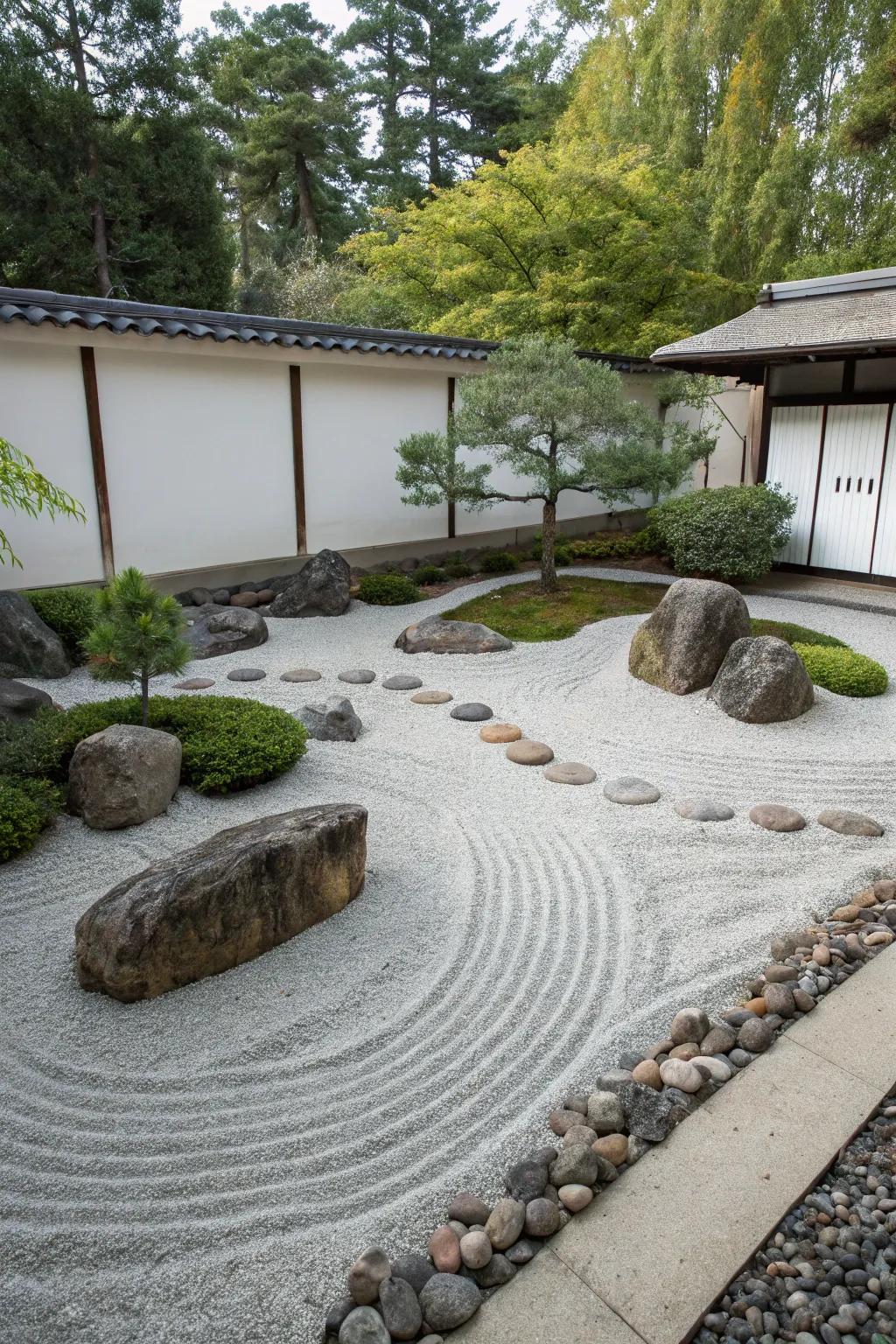 A peaceful Zen rock garden with carefully arranged gravel.