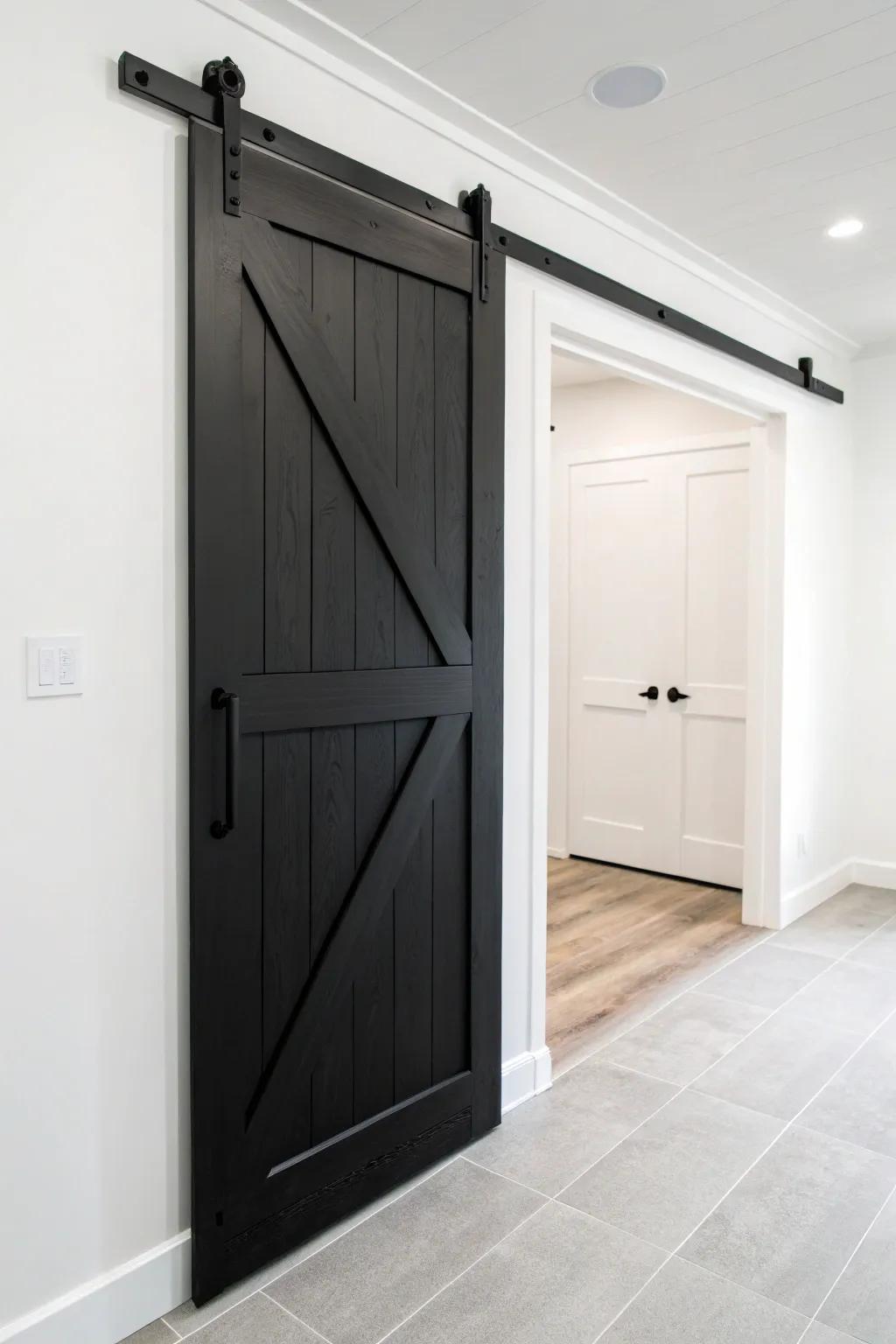 Monochrome barn doors enhance minimalist décors with their clean design.