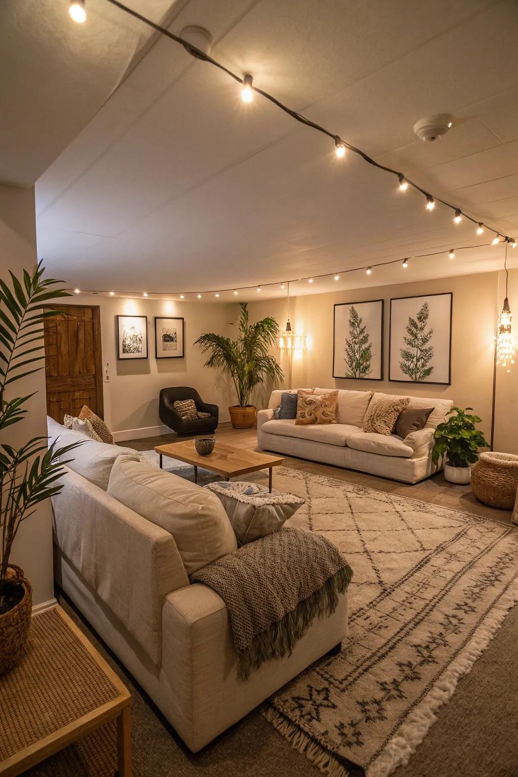 Surrounding illumination swathes the lounge space in warmth and comfort.