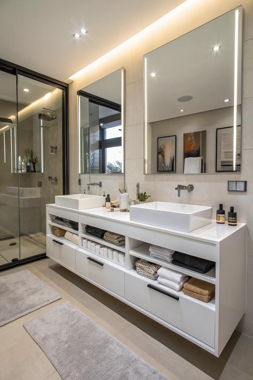A contemporary floating vanity incorporates a streamlined, structured appearance.