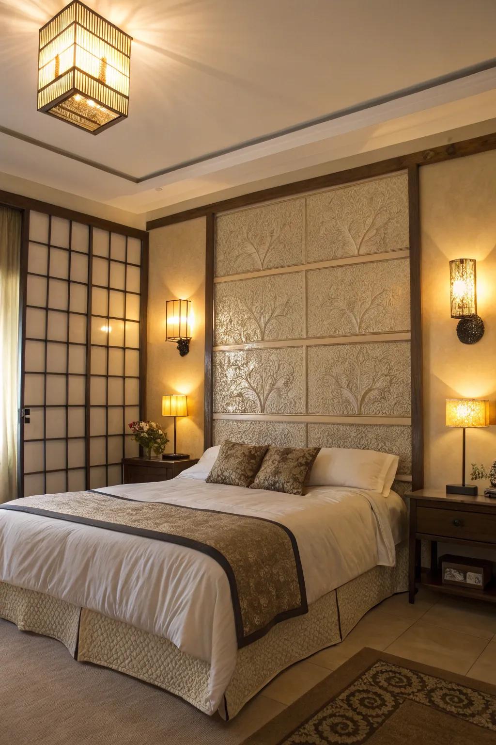 Lighting can spotlight your bed wall and craft a soothing atmosphere.