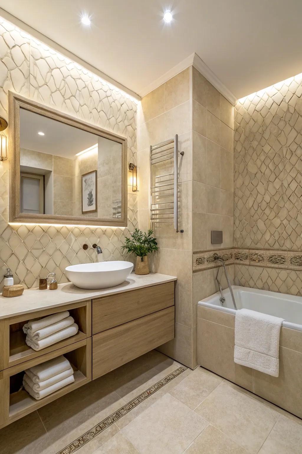 Structured tiles bring depth to a beige bathroom.