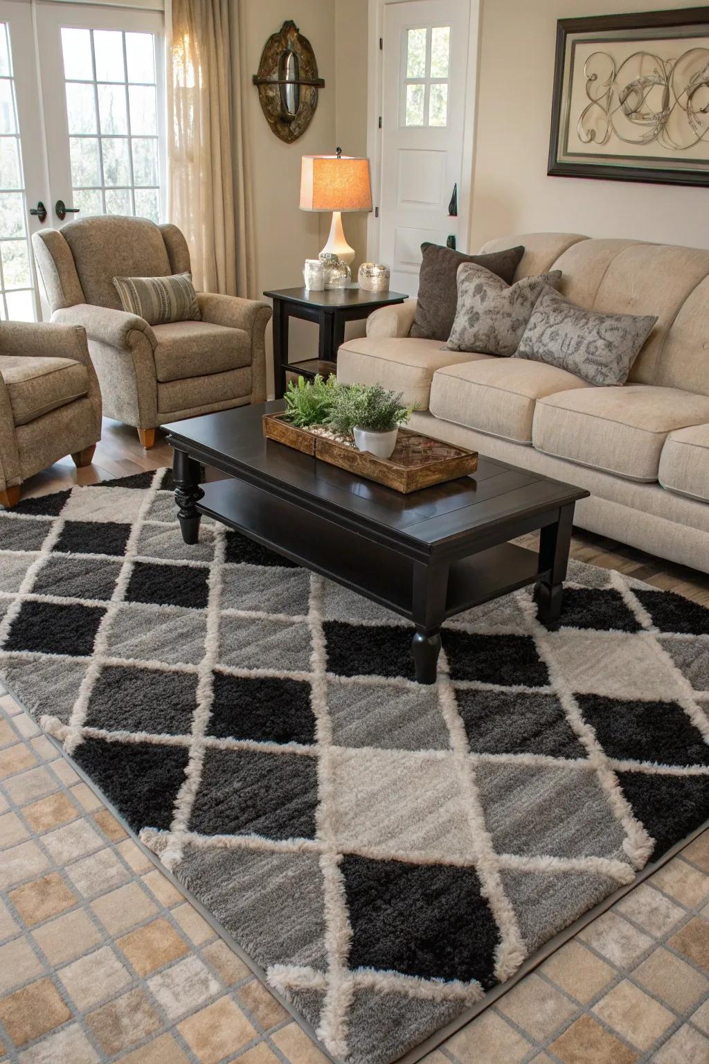 An area rug in dark and gray ties the entire space together.