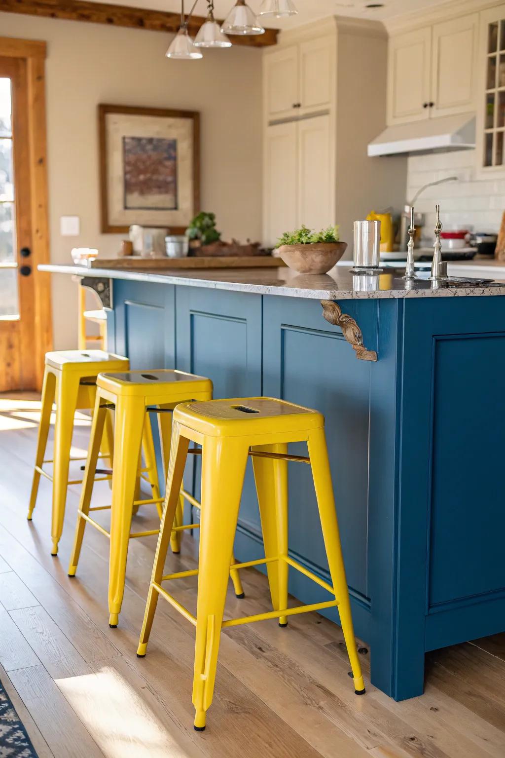 Yellow stools harmoniously complement the blue island in this playful kitchen.