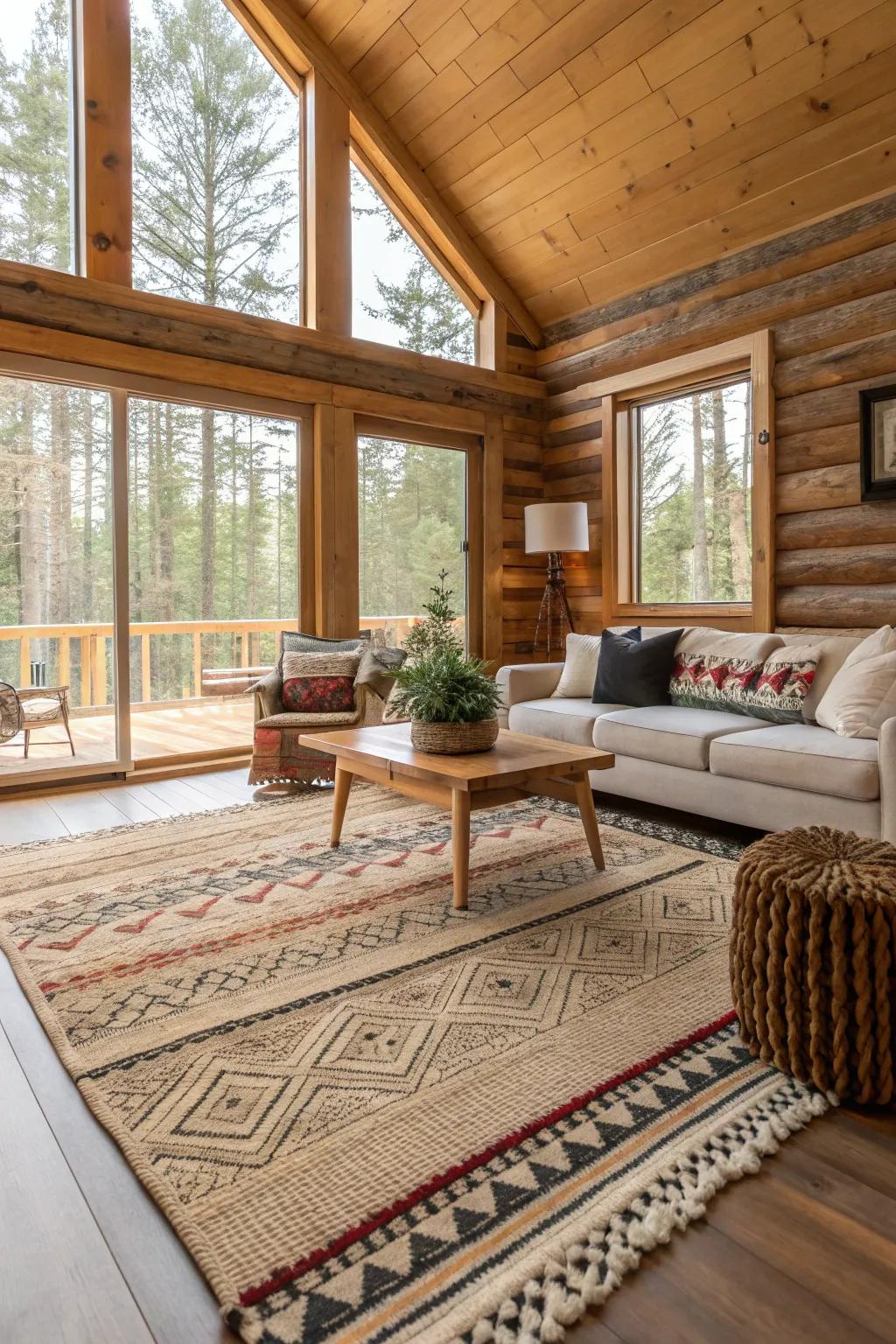 Layered rugs offer warmth and texture to a contemporary cabin interior.