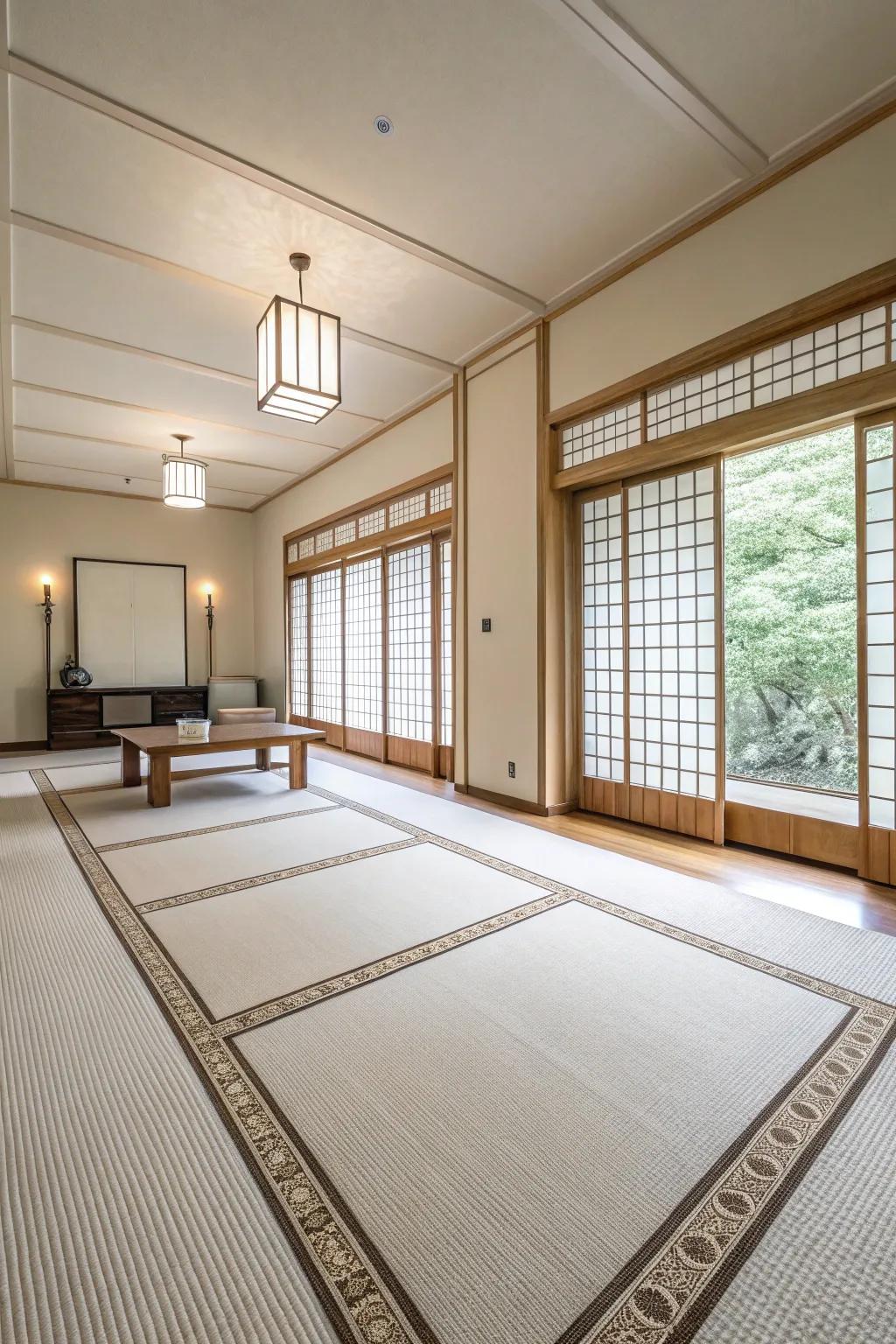 Minimalist room featuring a simple carpet design, emphasizing uncluttered lines
