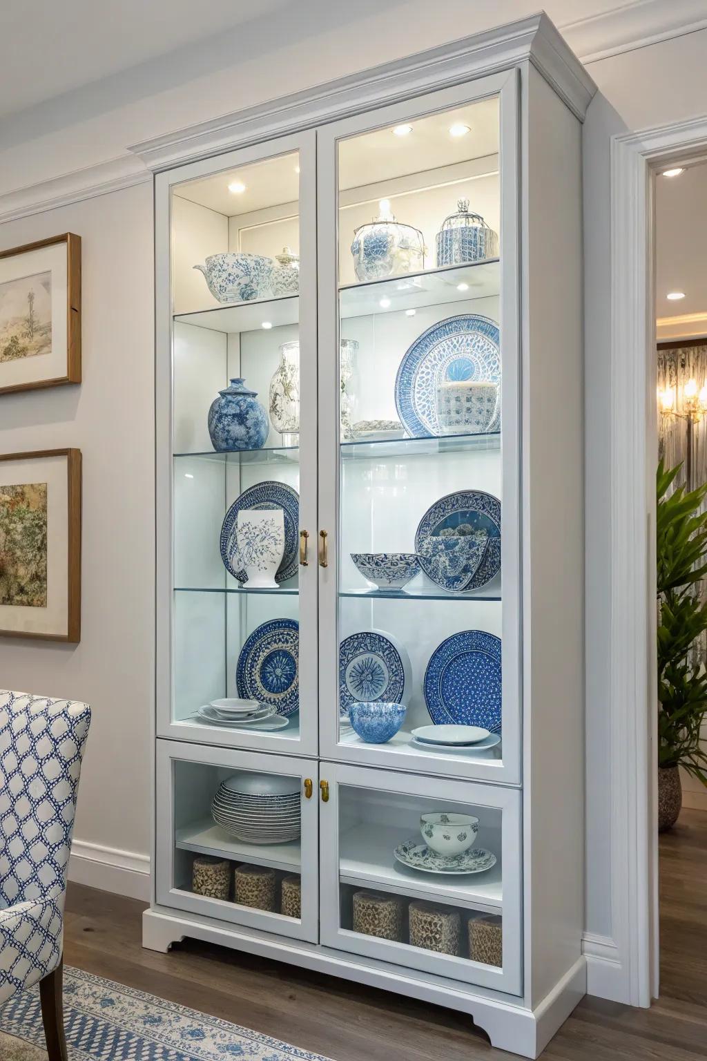 A harmonious color scheme displayed in a modern china cabinet.
