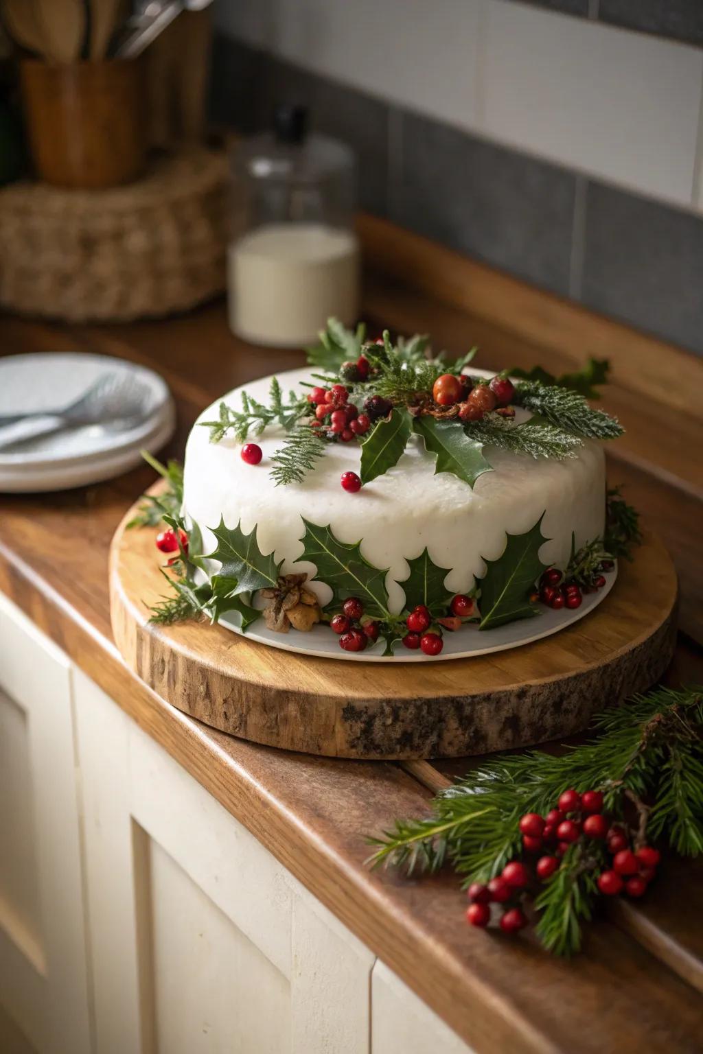 Christmas cake featuring earthy holly and plant life