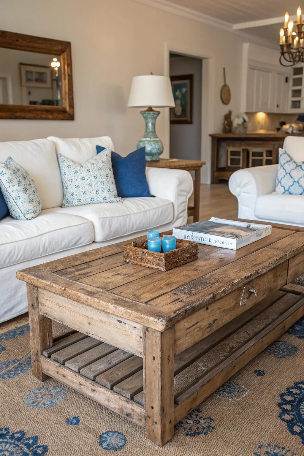 Weather-beaten timber enriches country-style appeal to seaside interiors.