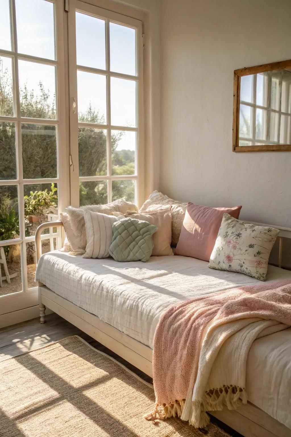 A daybed positioned to maximize natural light, enhancing the room's airy ambiance.