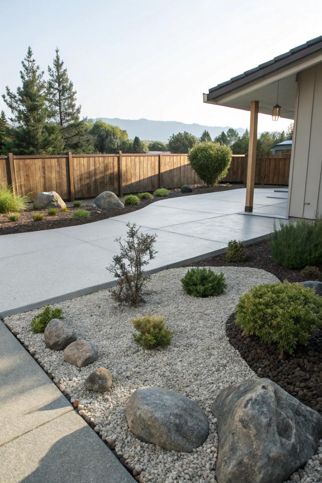 Simple landscaping enhances the patio's texture.