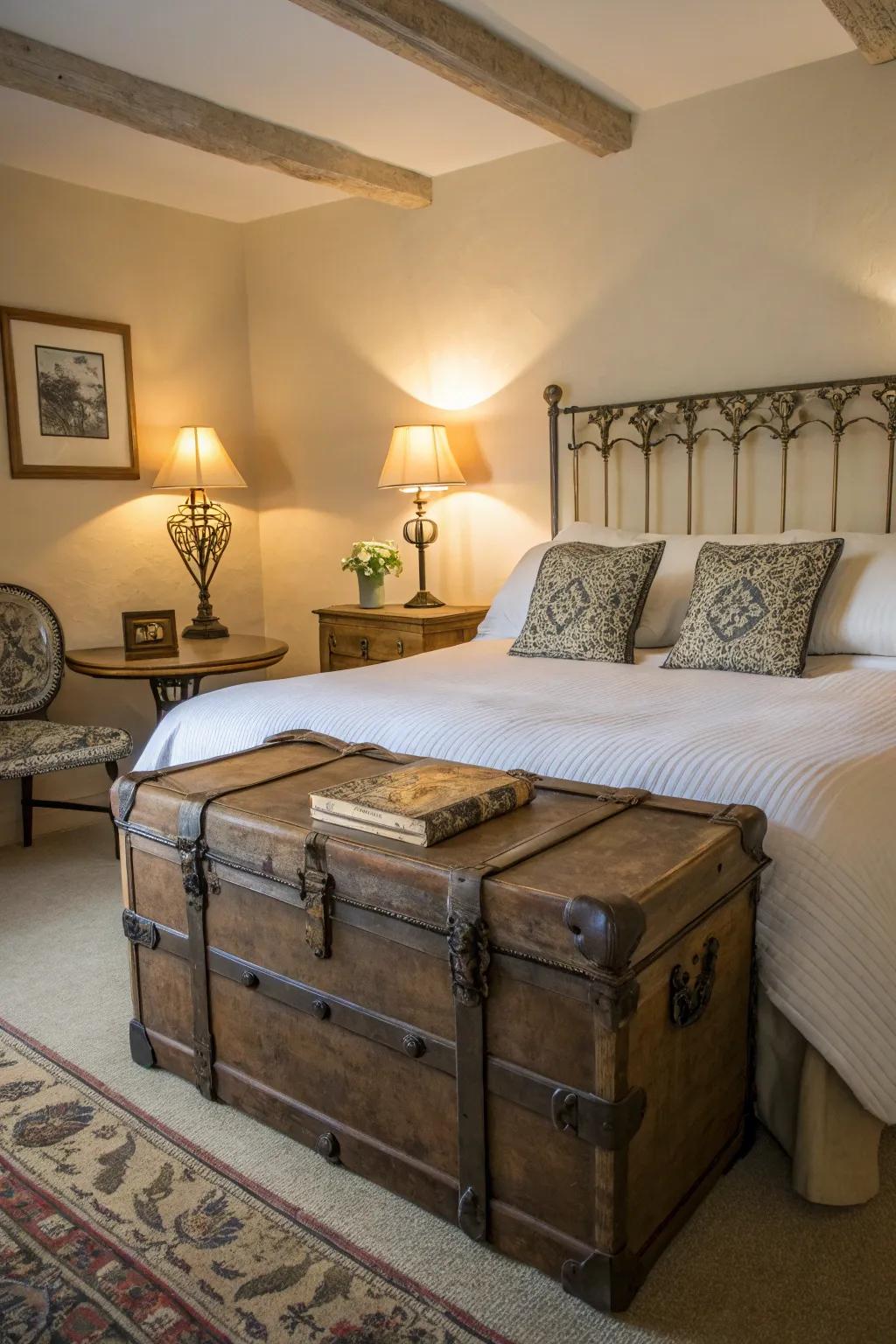 Vintage and antique accents lend charm to this guest bedroom arrangement.