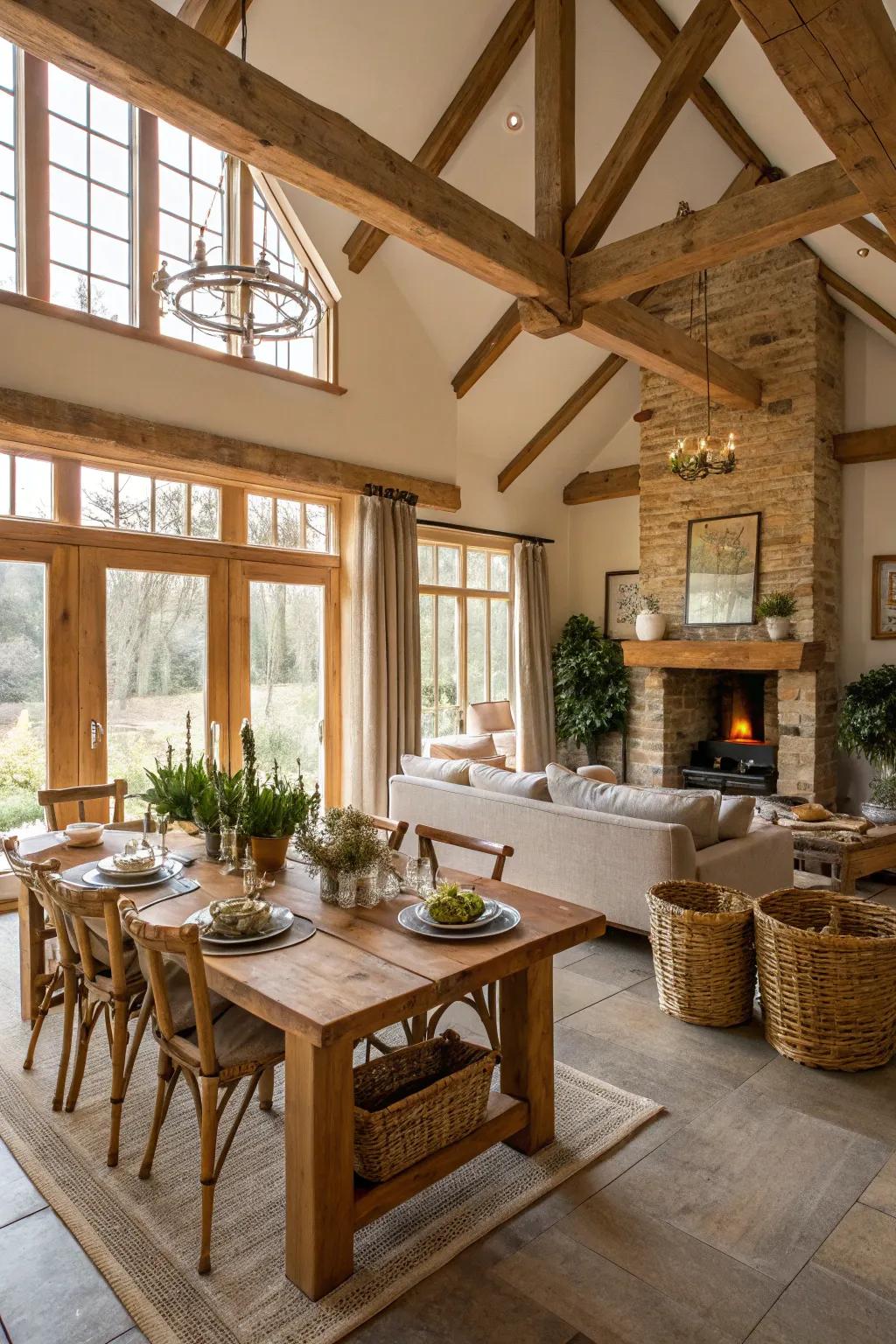 An open-concept layout accentuates the airy ambiance of a contemporary farmhouse interior.