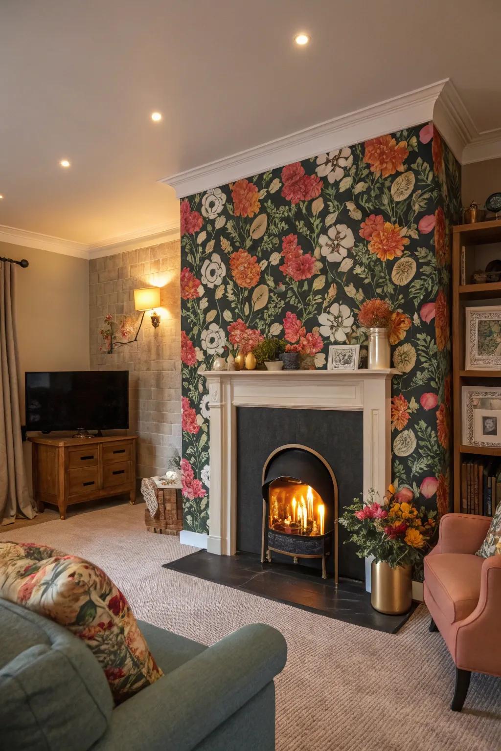 Striking wallpaper creates a statement on your fireplace wall.