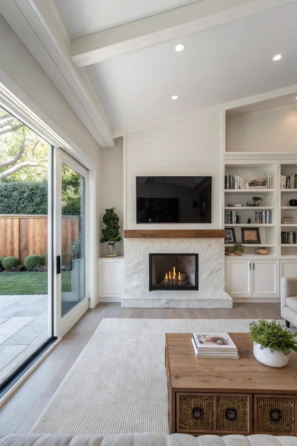An integrated display area presents a streamlined visual for a TV situated above a fireplace.