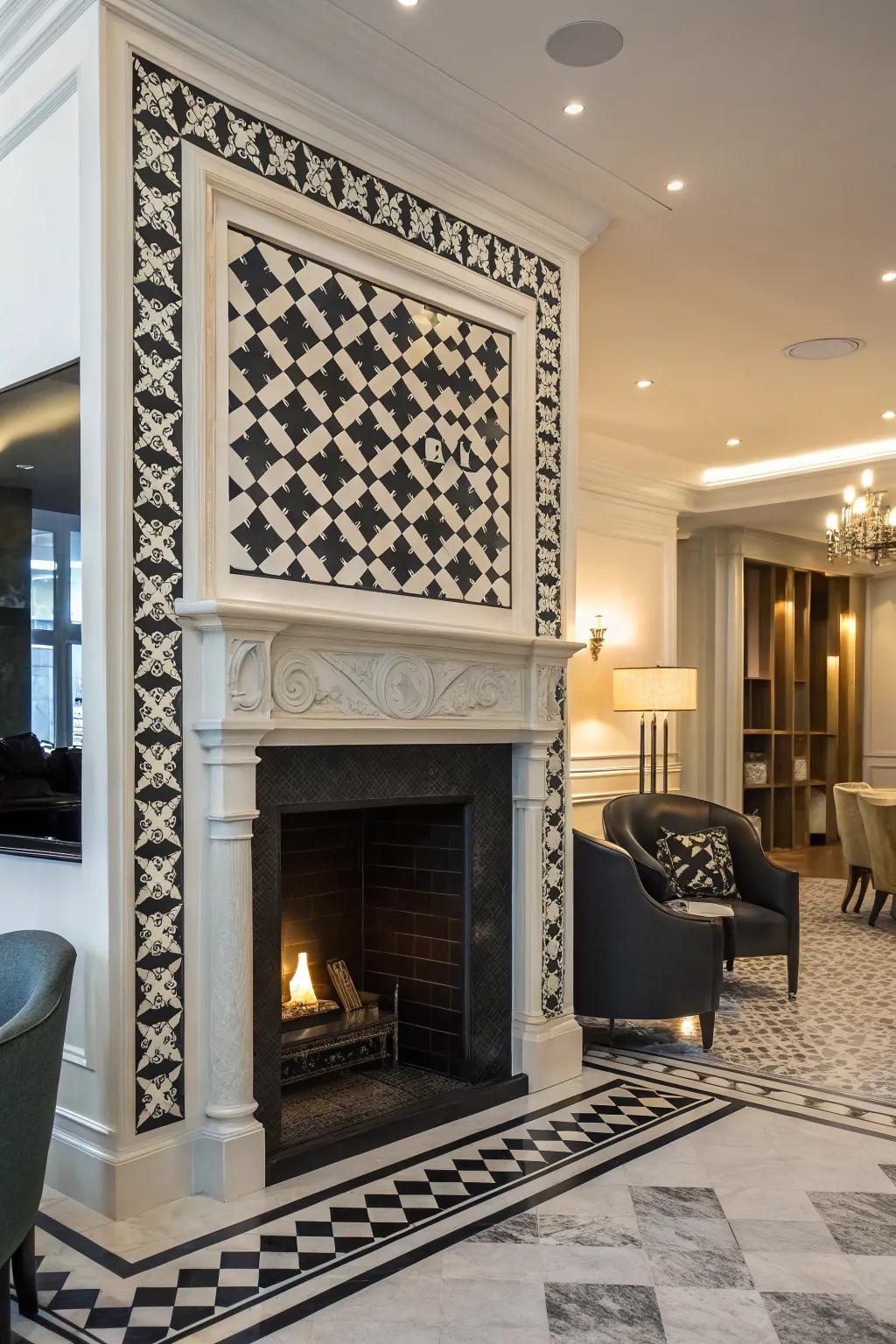 Fireplace with opposing black and white tiles.