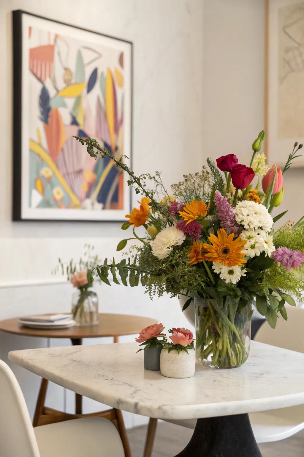 An unbalanced flower arrangement offering a modern twist.