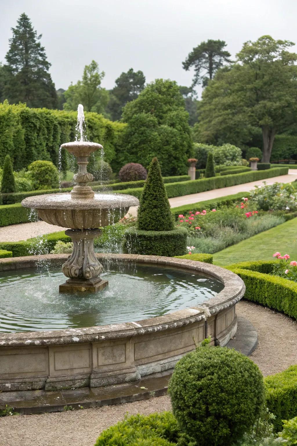 Water features introduce sophistication and calmness to formal gardens.