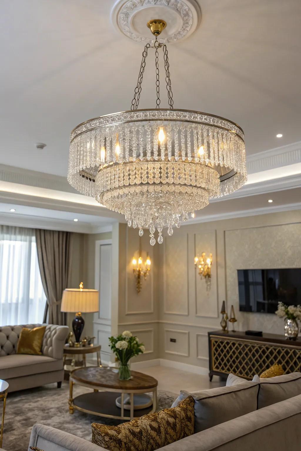 Sophisticated lighting in gold and silver contributes a luxurious gleam to the space.