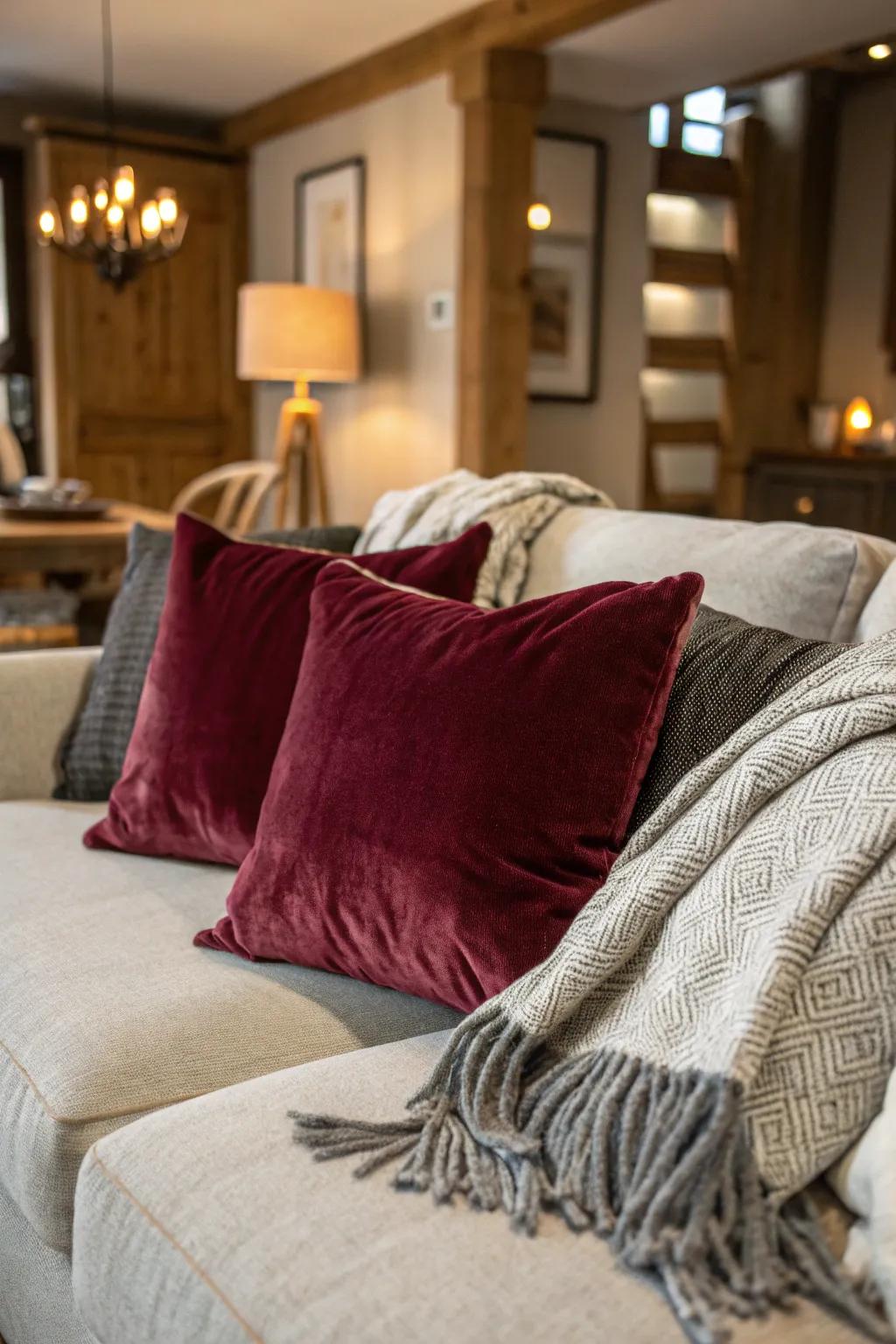 Living area featuring velvety carmine cushions and a woolen neutral toned throw.