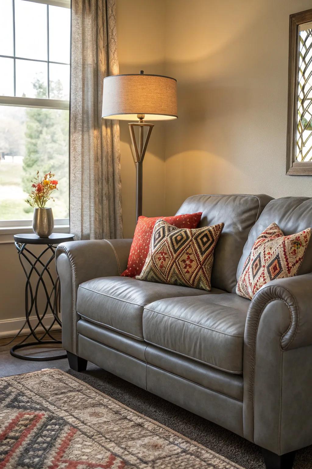 Stylish adornments complementing a grey hide settee in a contemporary lounge.