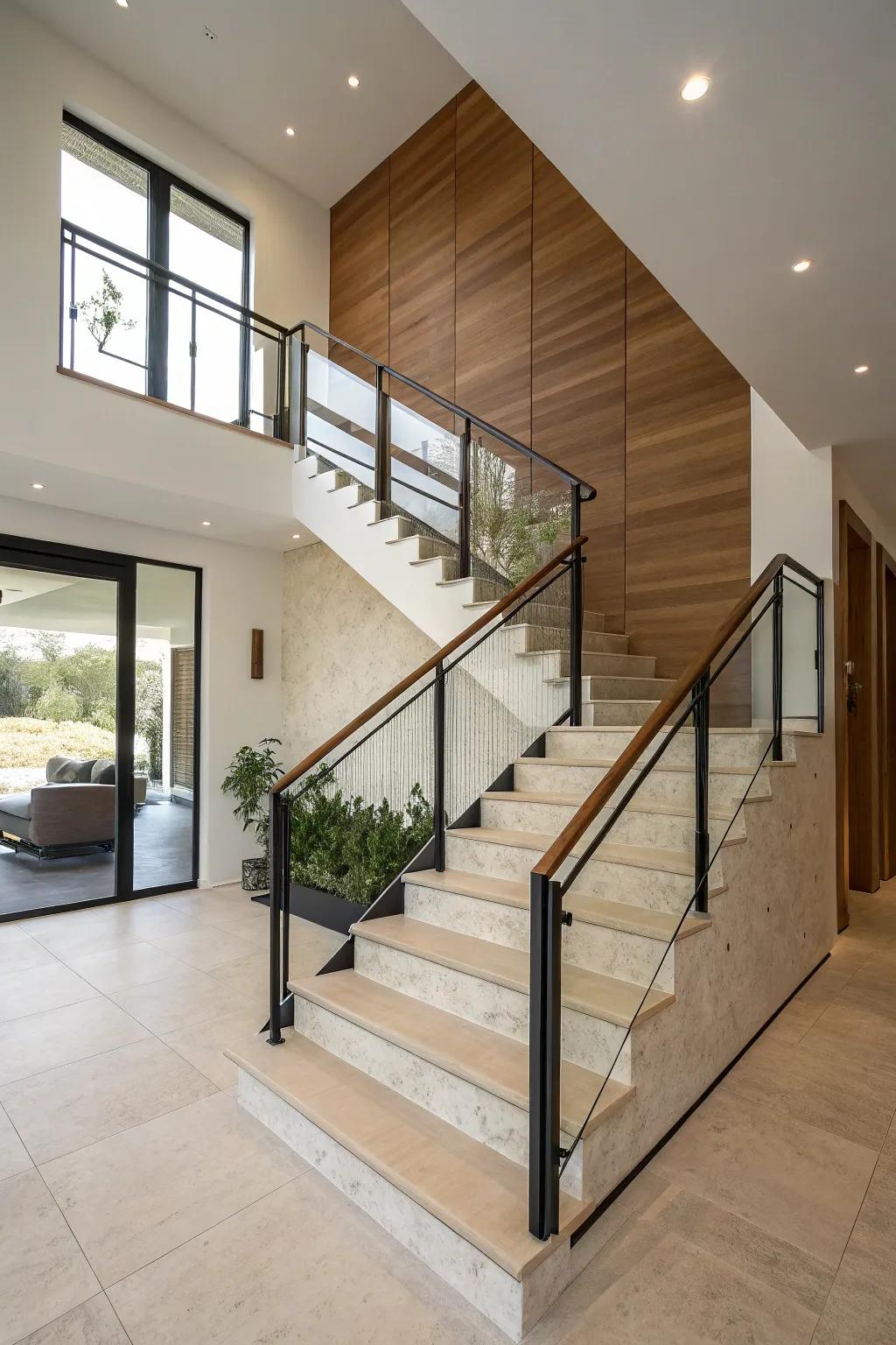 A half wall adjacent to a staircase provides both safety and a polished aesthetic.