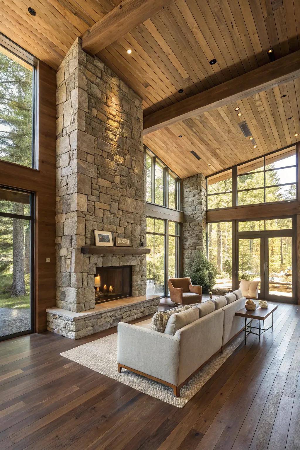 A modern home design featuring wood and stone elements.