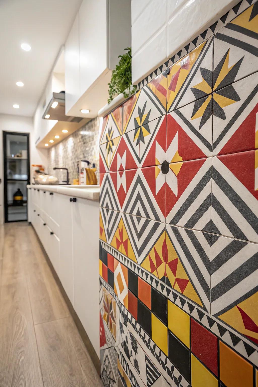 Illustrative-patterned tiles create a striking impression in modern kitchens.