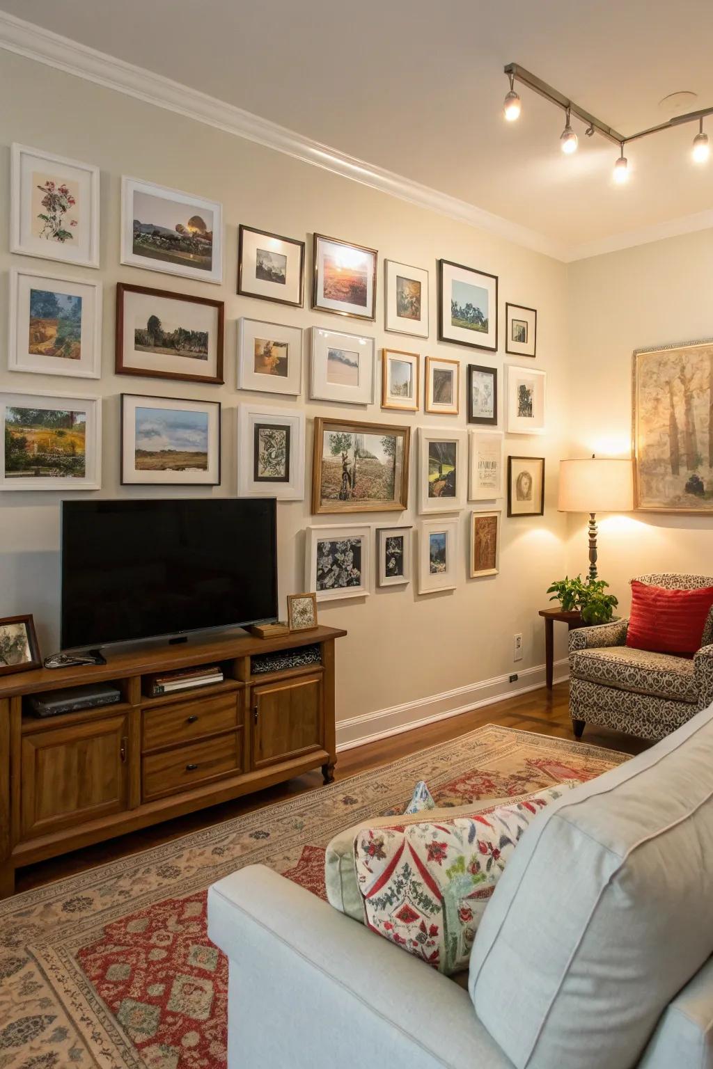 A display of art enriches the family room with a personal element and increased visual interest.