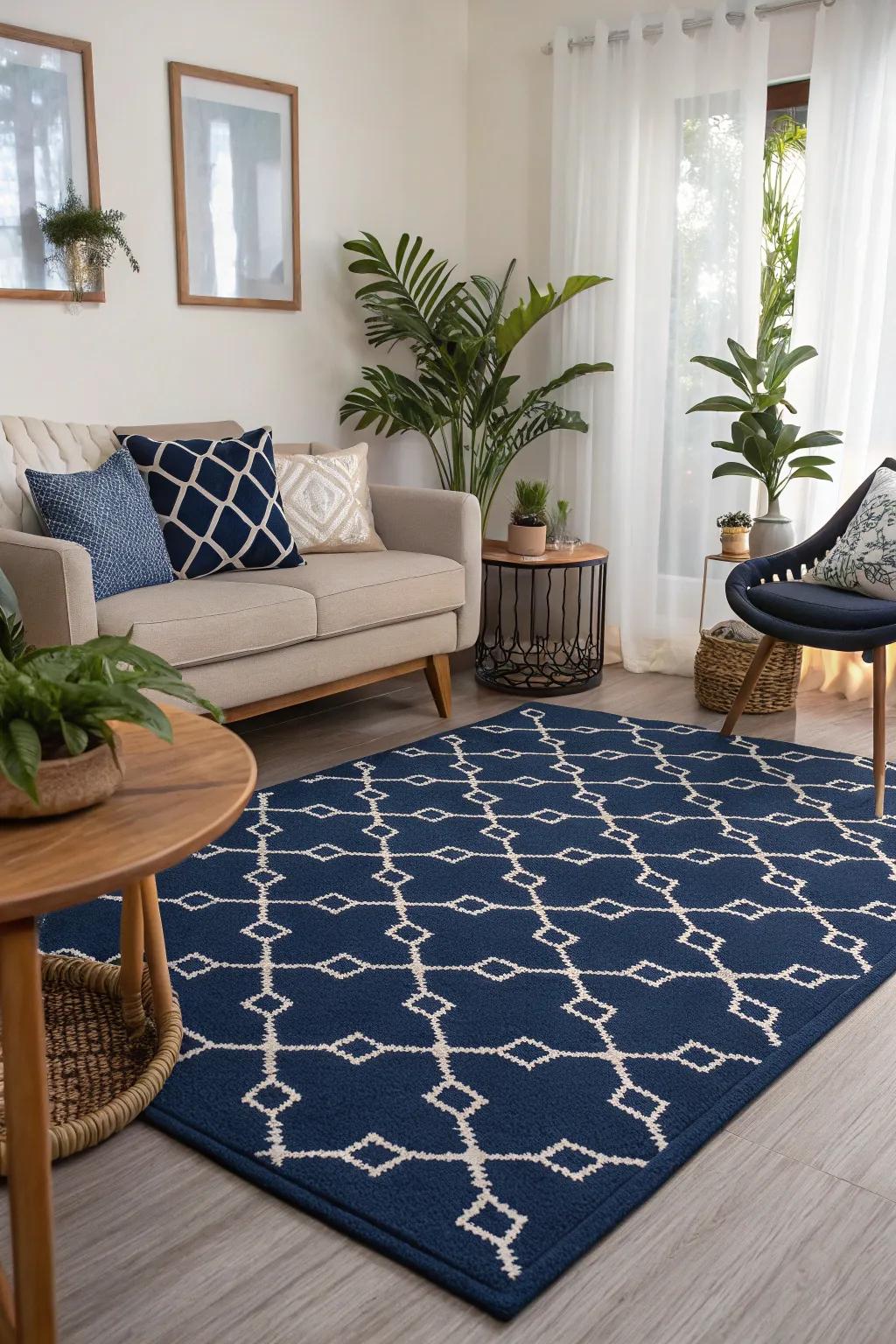 A patterned dark floor covering ties the space together beautifully.