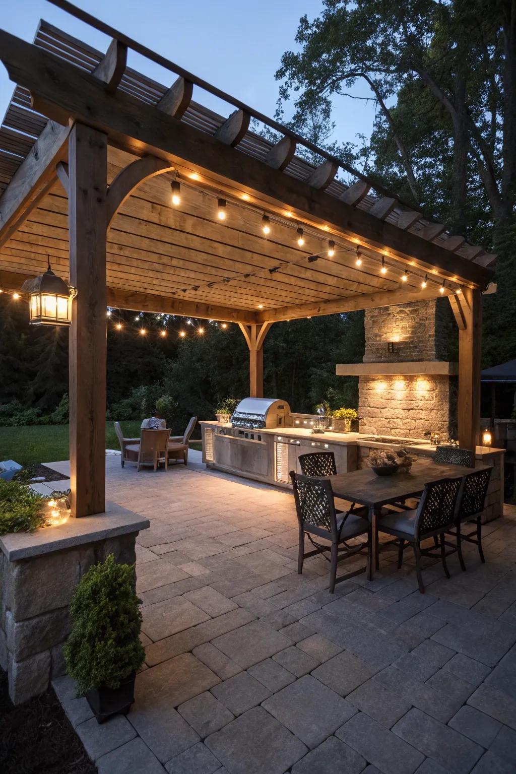 Pergola with integrated lighting providing a warm evening glow.