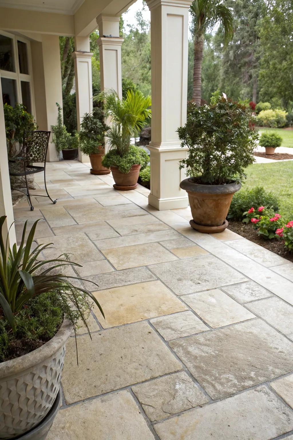 Stone-look tiles create a natural and elegant setting.