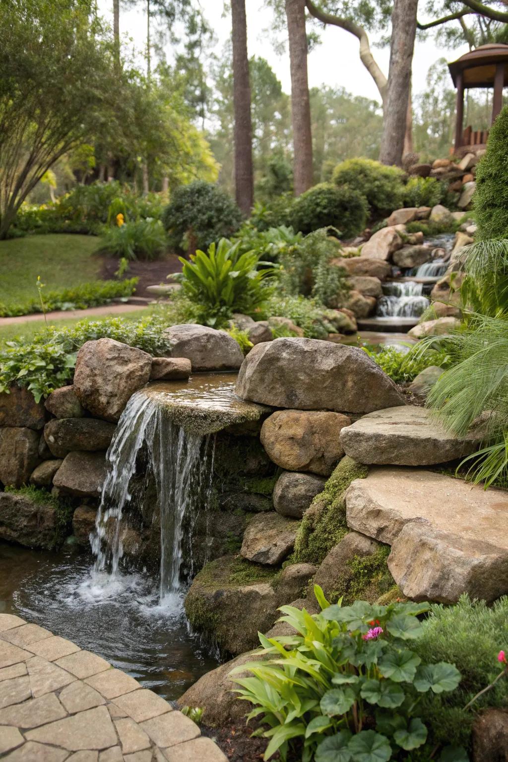 A rock cascade feature delivers peace and motion to your garden.