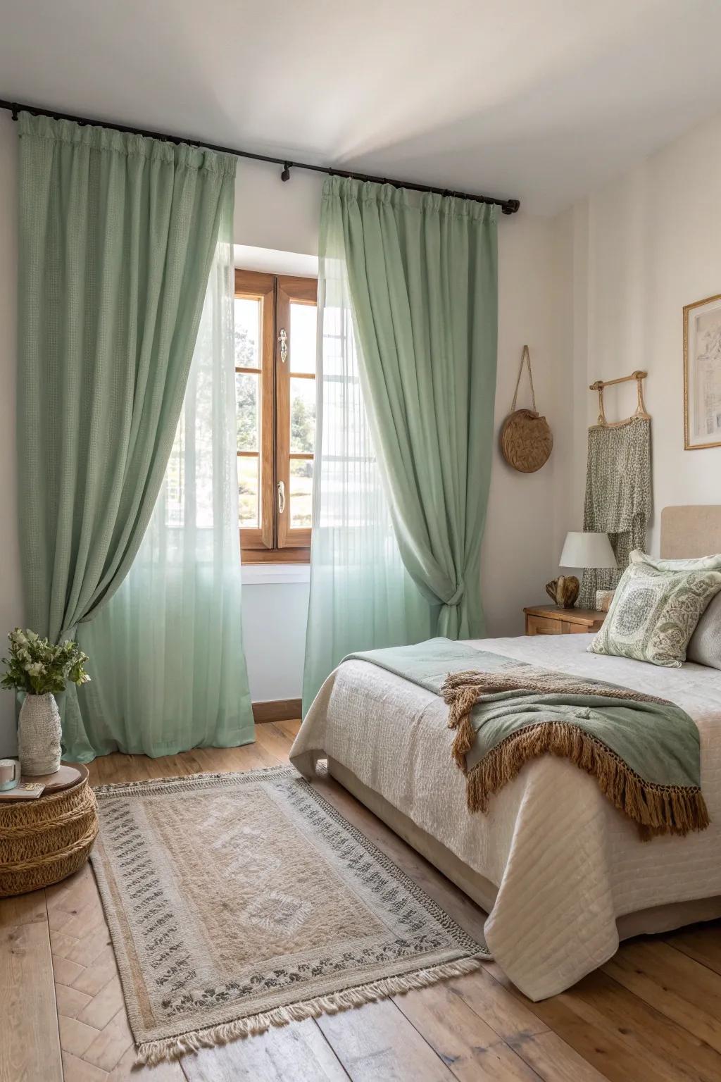 Sage green curtains frame windows wonderfully, contributing an element of sophistication.