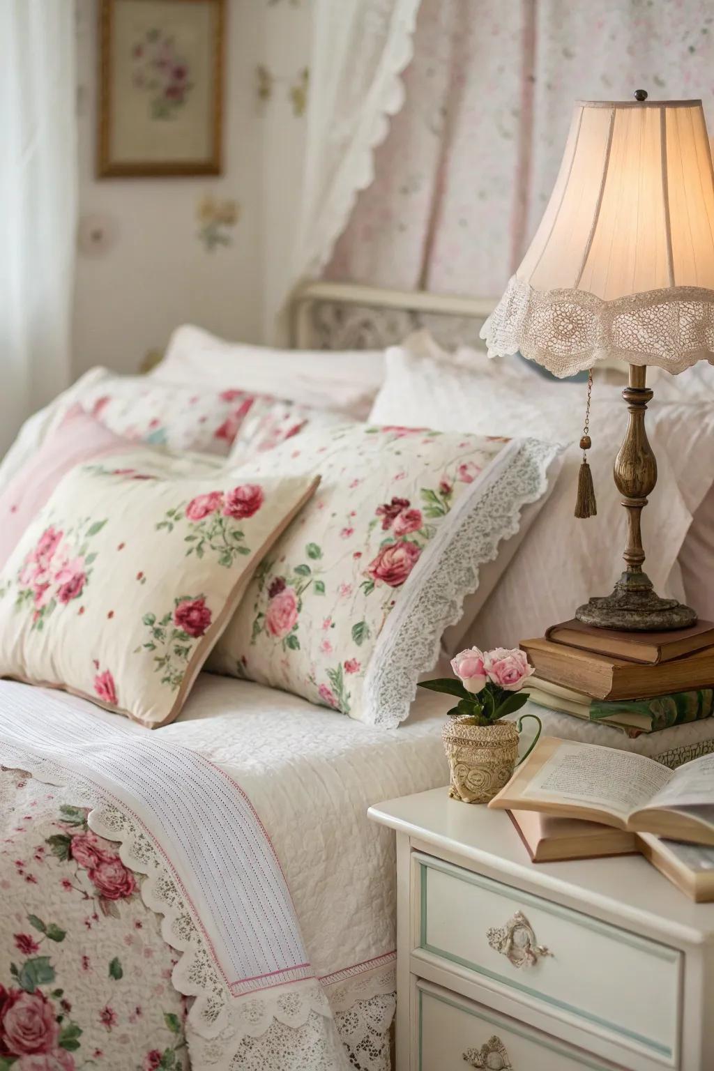 Understated floral patterns introduce a gentle elegance to this shabby chic bedroom.