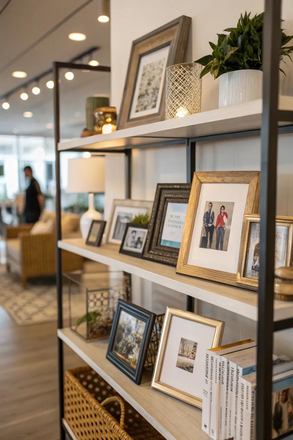 Inject individuality into your shelving with artwork and personal photos.