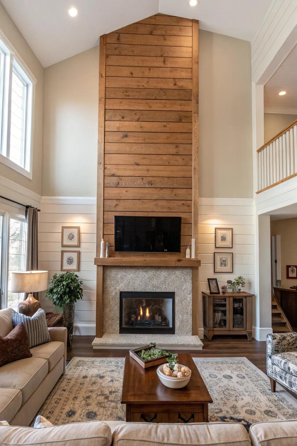 A vertical shiplap fireplace enhancing the room's perceived height.