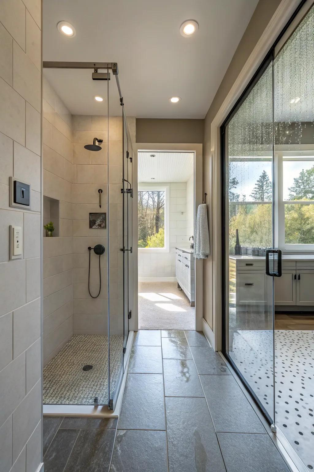 A spacious and modern step-in shower featuring an unobstructed entry.