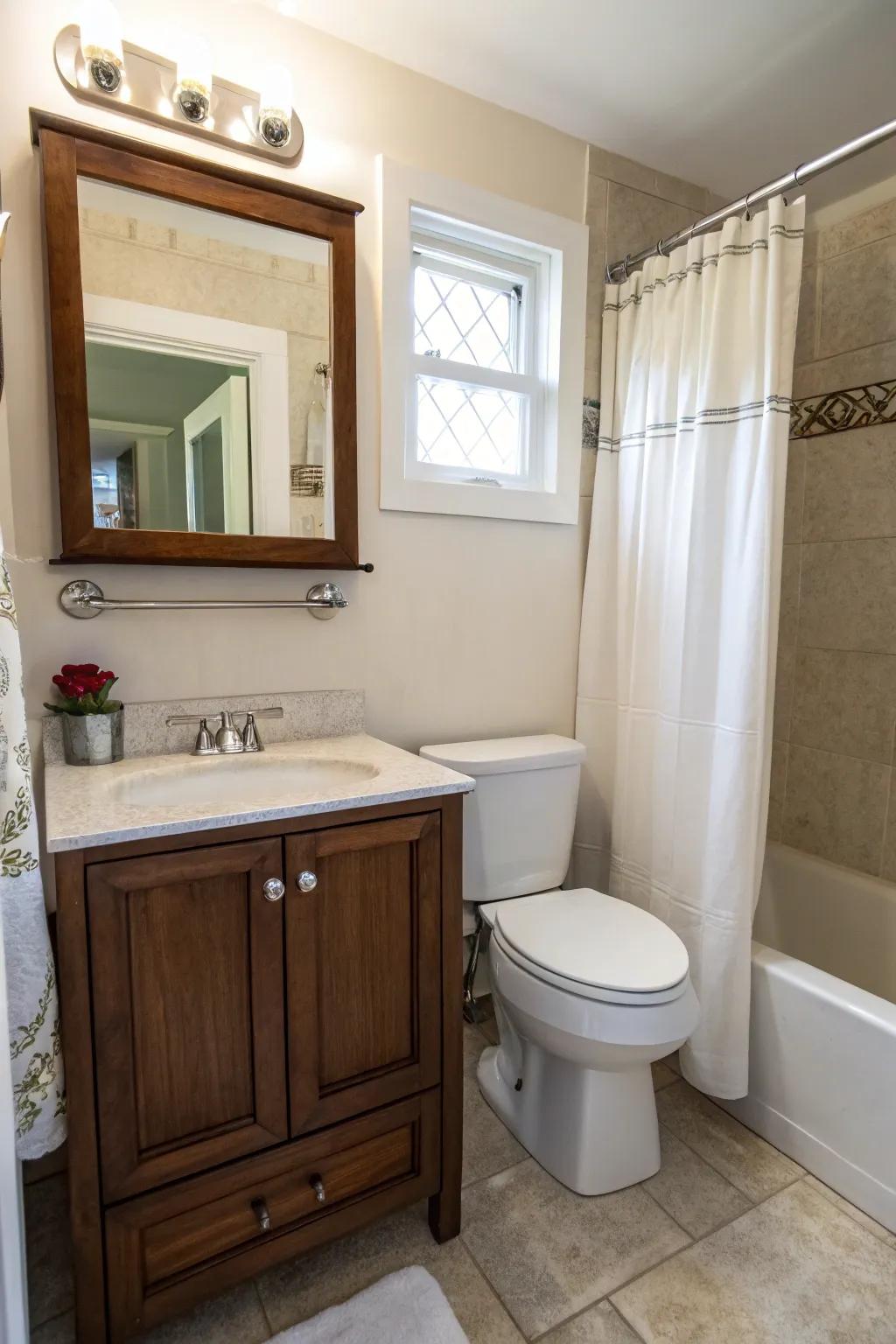 Space-conscious solutions in a compact bathroom to maximize room.