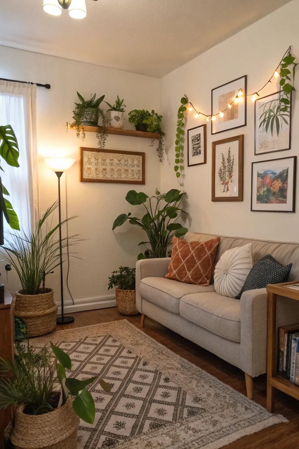 Decorative accents such as greenery and art enhance a small living space.
