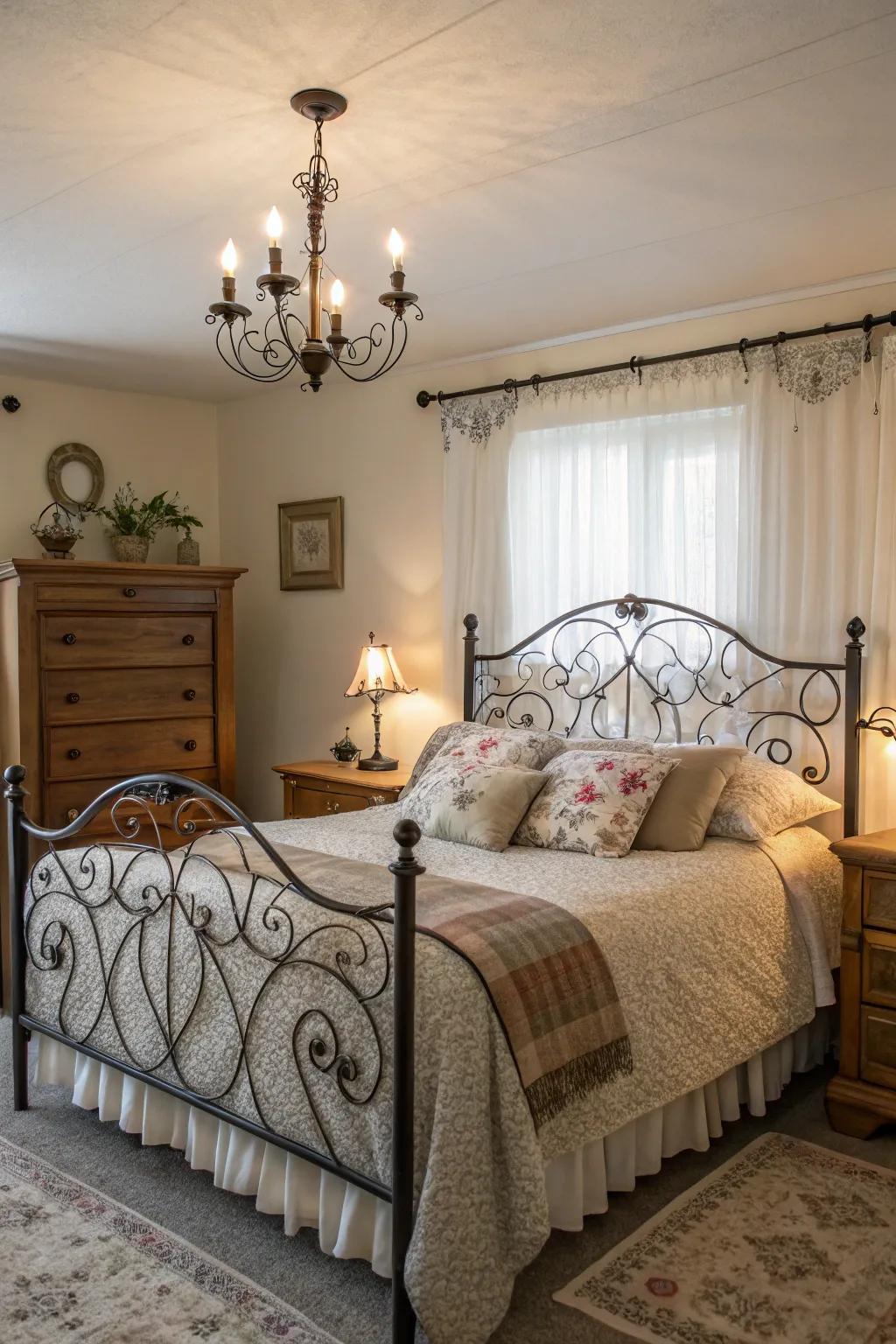 Forged iron details add a romantic touch to a modern Spanish bedroom.