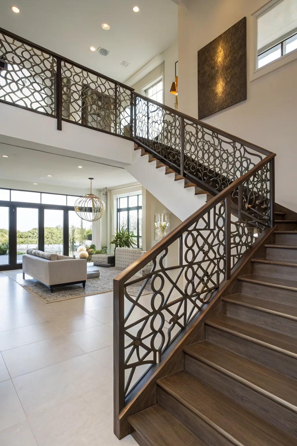 Geometric metal railings create an artistic statement.