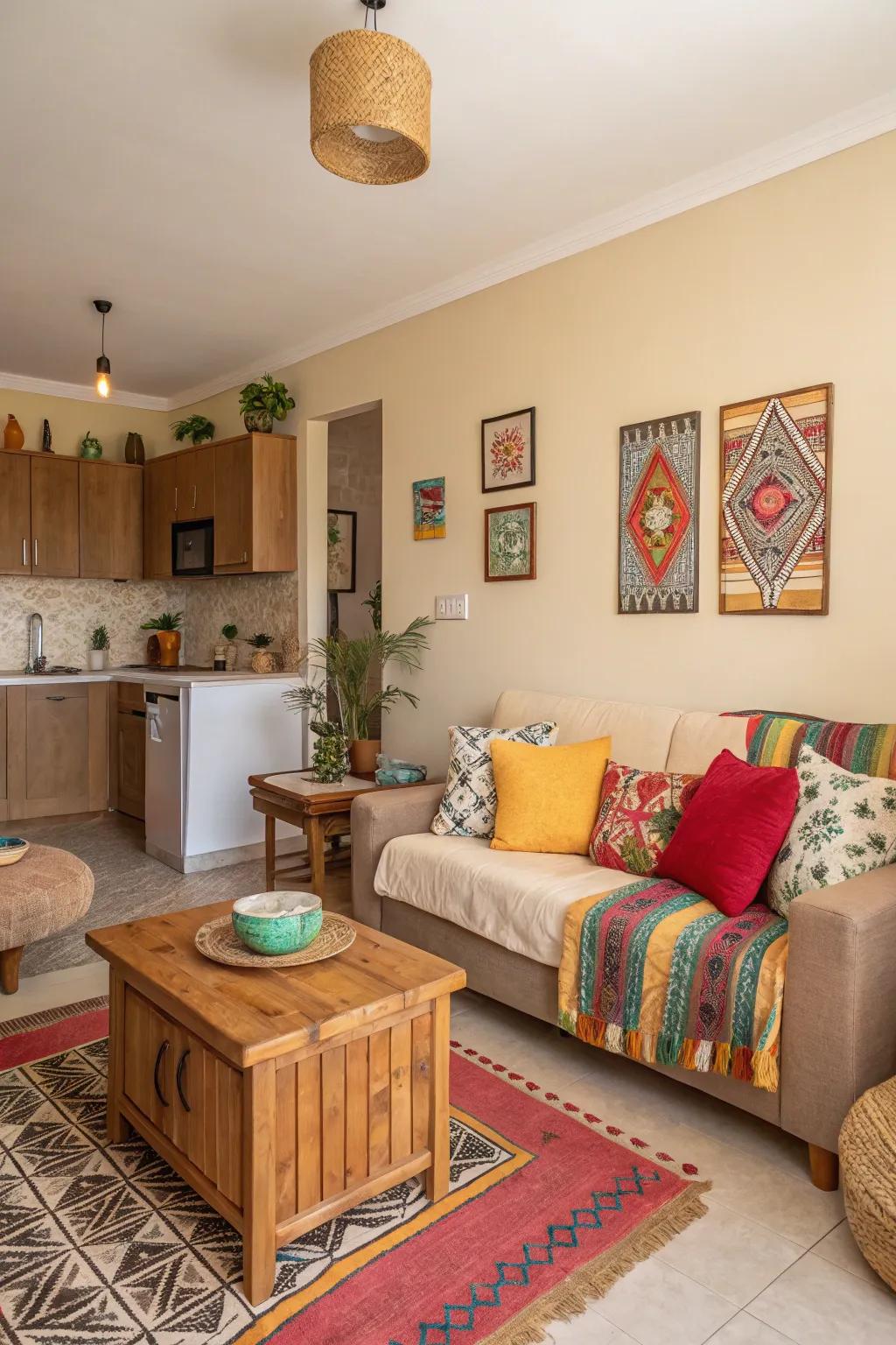 A studio apartment featuring vibrant accessories and neutral, earthy tones for a dash of color.