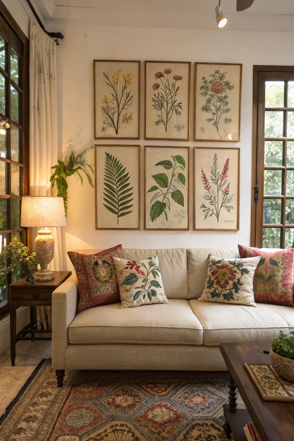 Plant-inspired art imparts a serene and genuine atmosphere.