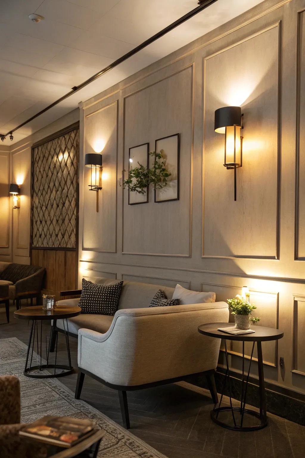 Upward lighting sconces establish a comfortable and inviting ambiance.