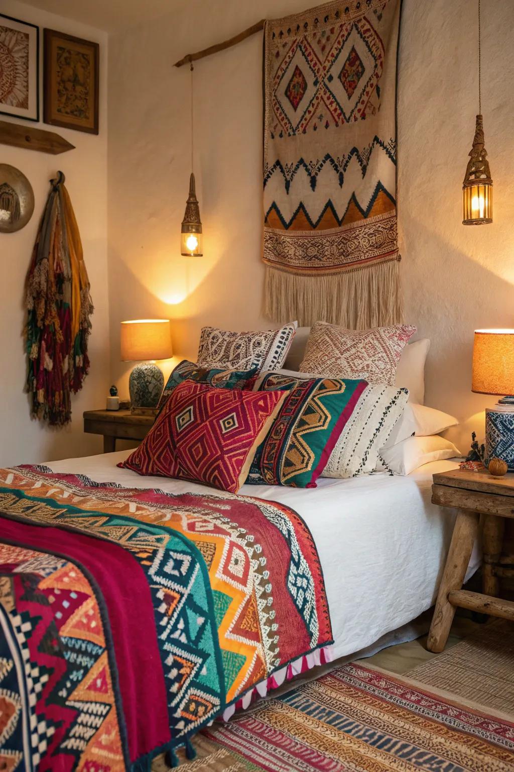 Folkloric designs introduce a vibrant flair to the boudoir.