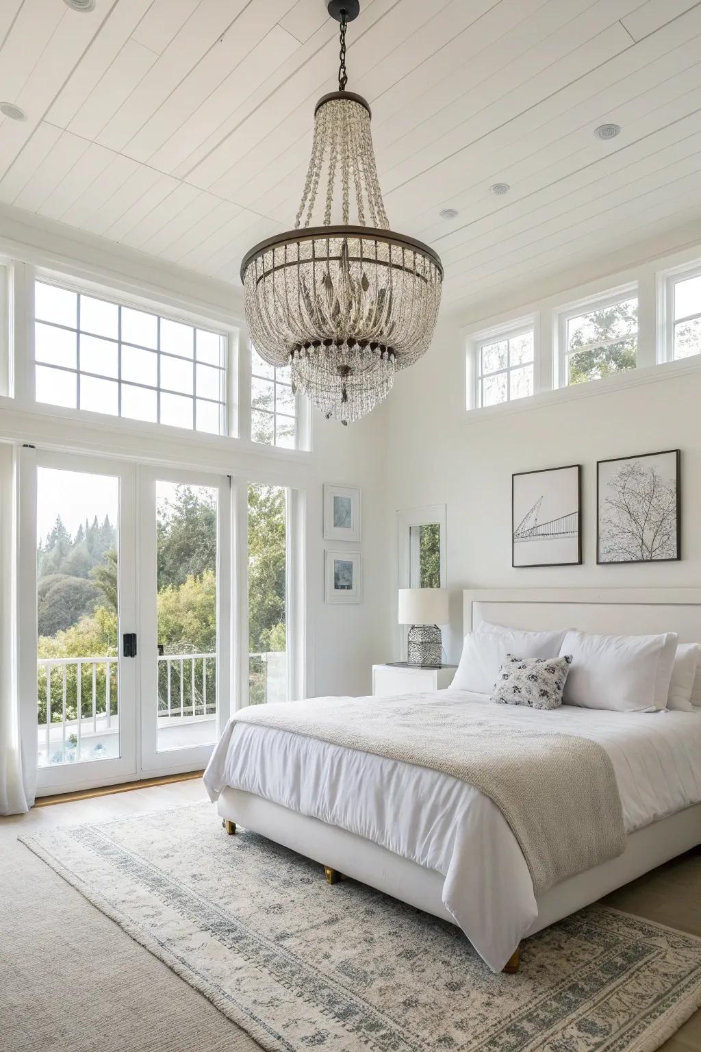 An eye-catching chandelier adds elegance and depth.