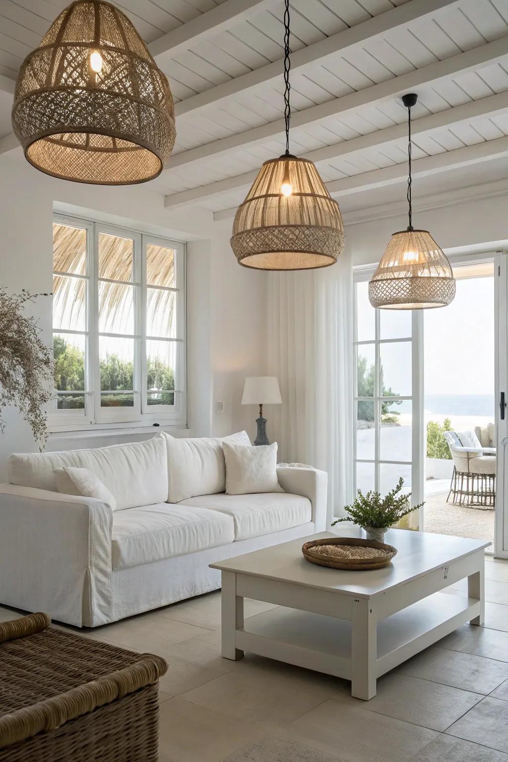 Layered lighting elevates the ambiance in a contemporary white living room.