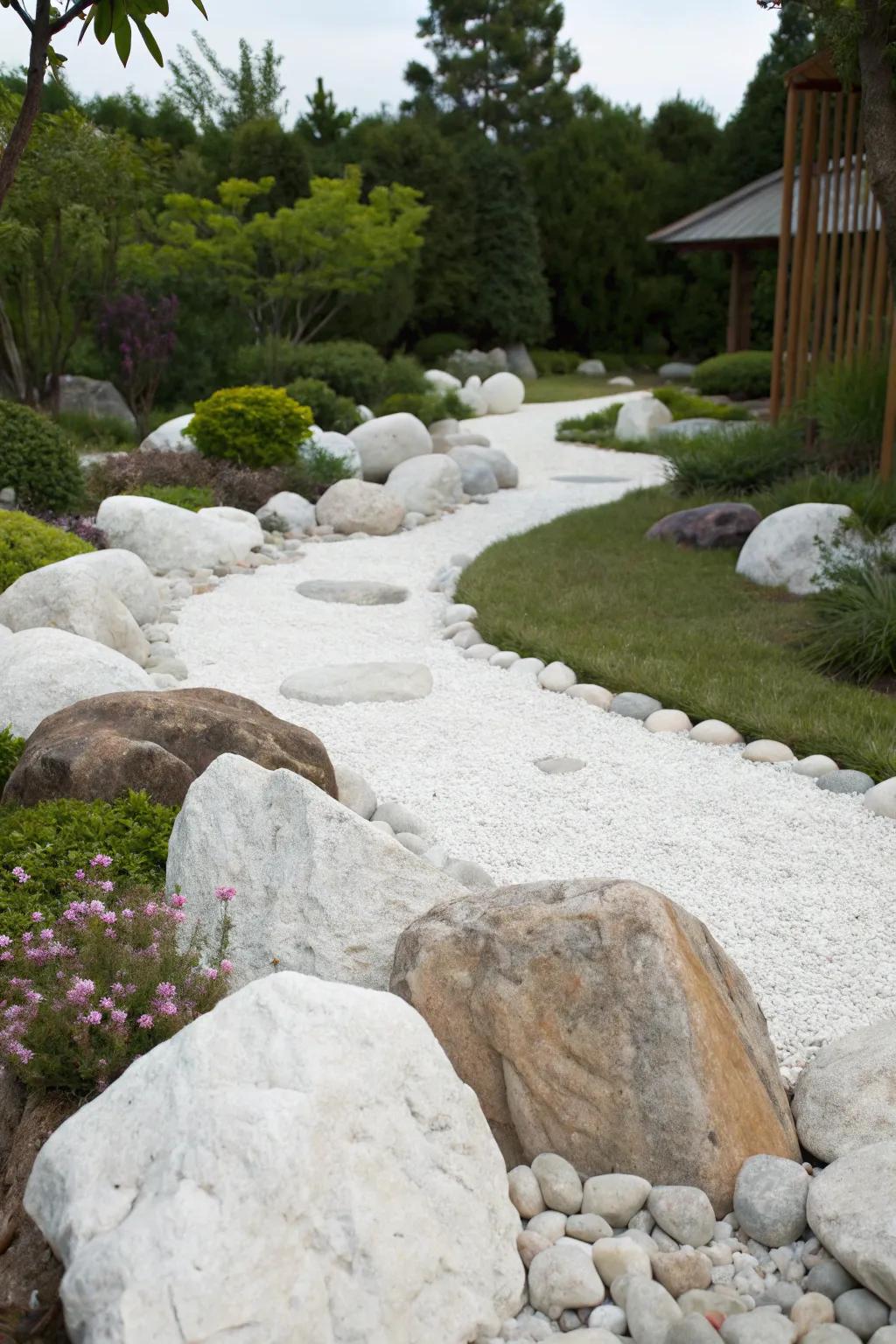 A garden showcasing sizable focal point stones nestled among white stones, creating a textured landscape.