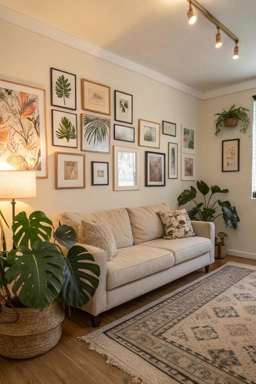 Monstera leaves give a living area with neutral tones more appeal.